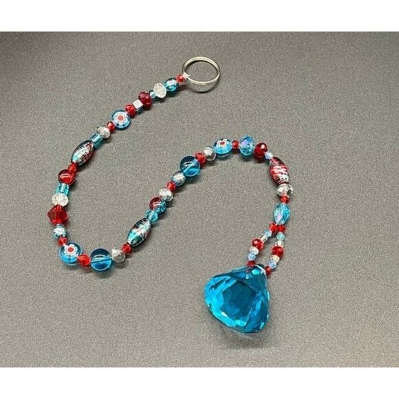 Beaded Suncatcher - Red Turquoise -Triangular Crystal Prism - Hanging Decor - Picture 6 of 16